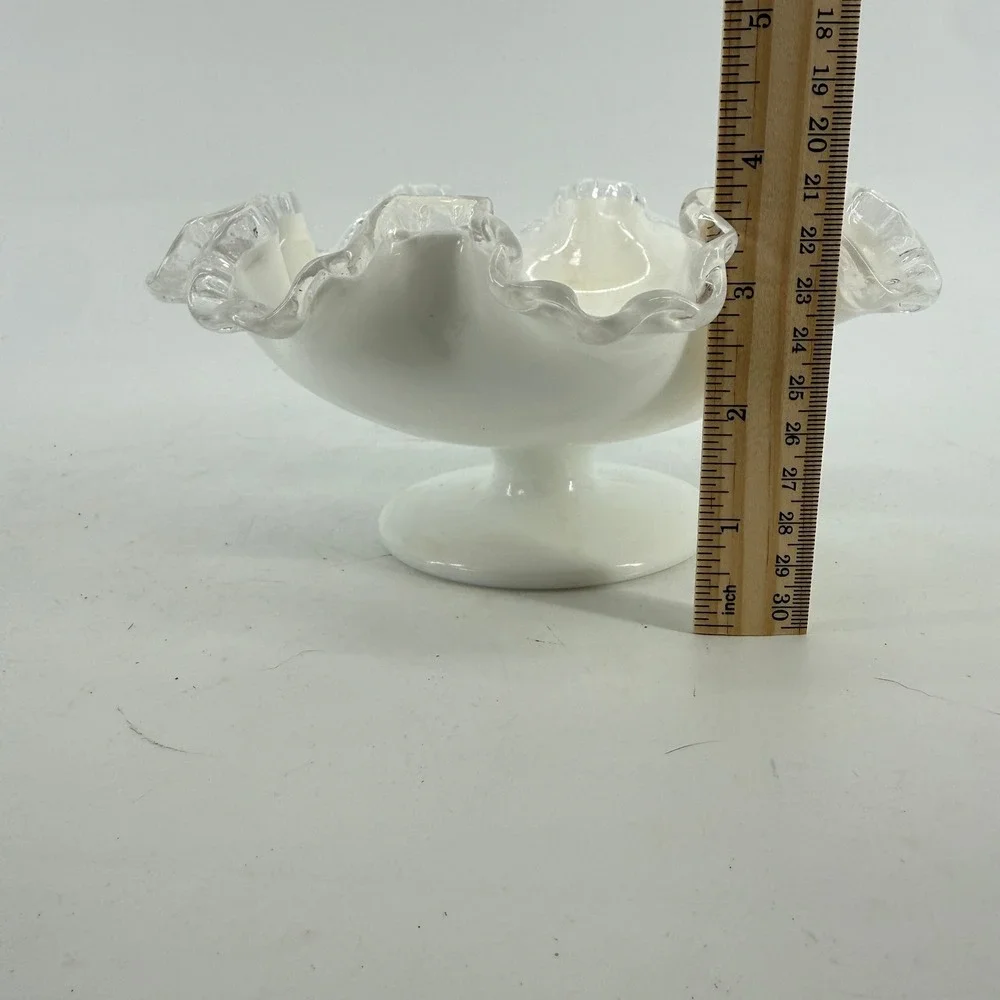 Vtg Fenton Silver Crest Milk Glass Compote Bowl Ruffled Edge Pedestal Candy Dish